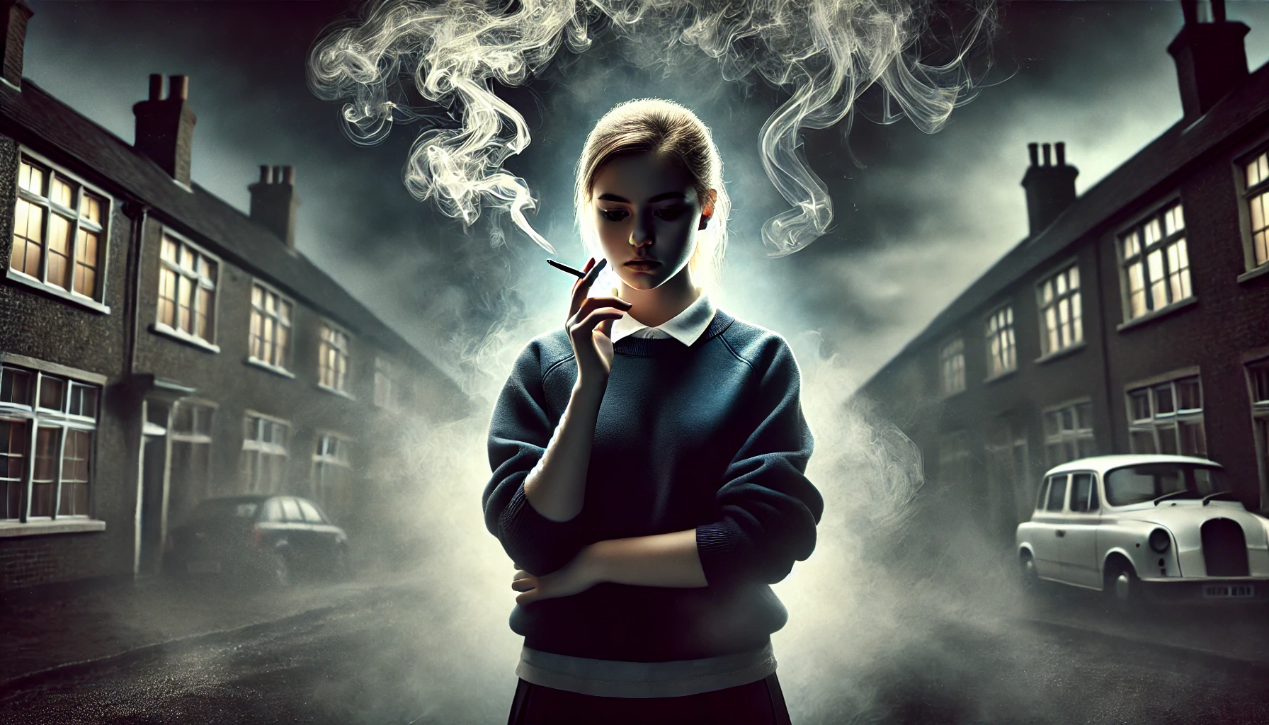 DALL·E 2024-11-12 16.23.47 - A dramatic scene of a teenage girl from a deprived British school, wearing a school jumper and t-shirt, standing against a dark, misty background with